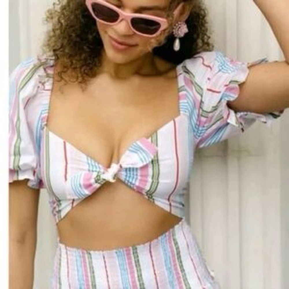 Hill House Pink and Blue Striped Crop Top with Tie Front